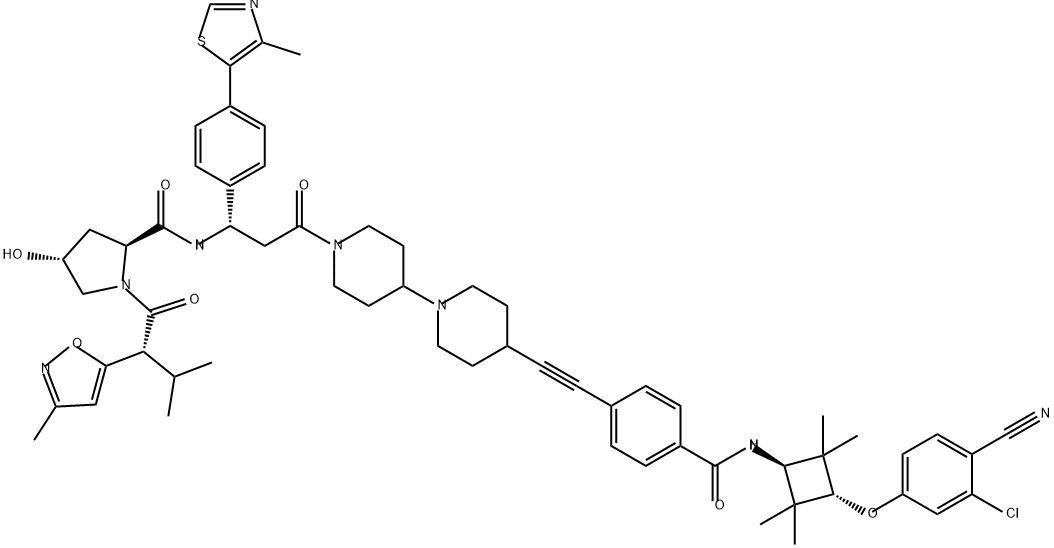 2-Pyrrolidinecarboxamide, N-[(1S)-3-[4-[2-[4-[[[trans-3-(3-chloro-4-cyanophenoxy)-2,2,4,4-tetramethylcyclobutyl]amino]carbonyl]phenyl]ethynyl][1,4'-bipiperidin]-1'-yl]-1-[4-(4-methyl-5-thiazolyl)phenyl]-3-oxopropyl]-4-hydroxy-1-[(2R)-3-methyl-2-(3-methyl-5-isoxazolyl)-1-oxobutyl]-, (2S,4R)- 结构式