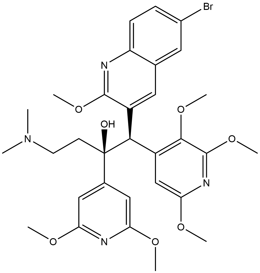 3-Quinolineethanol, 6-bromo-α-(2,6-dimethoxy-4-pyridinyl)-α-[2-(dimethylamino)ethyl]-2-methoxy-β-(2,3,6-trimethoxy-4-pyridinyl)-, (αS,βR)- 结构式