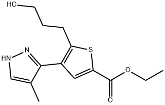 2-Thiophenecarboxylic acid, 5-(3-hydroxypropyl)-4-(4-methyl-1H-pyrazol-3-yl)-, ethyl ester 结构式