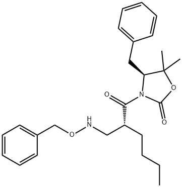 2-Oxazolidinone, 5,5-dimethyl-3-[(2R)-1-oxo-2-[[(phenylmethoxy)amino]methyl]hexyl]-4-(phenylmethyl)-, (4S)- 结构式