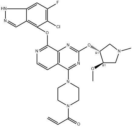 2-Propen-1-one, 1-[4-[8-[(5-chloro-6-fluoro-1H-indazol-4-yl)oxy]-2-[[(3R,4R)-4-methoxy-1-methyl-3-pyrrolidinyl]oxy]pyrido[3,4-d]pyrimidin-4-yl]-1-piperazinyl]- 结构式