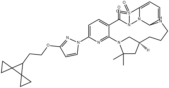 13H-17,20-Methano-8,12-nitrilo-12H-pyrido[3,2-d][1,2,6,13]thiatriazacyclooctadecin-5(6H)-one, 2-[3-(2-dispiro[2.0.2.1]hept-7-ylethoxy)-1H-pyrazol-1-yl]-14,15,16,17,18,19-hexahydro-19,19-dimethyl-, 7,7-dioxide, (17S)- 结构式