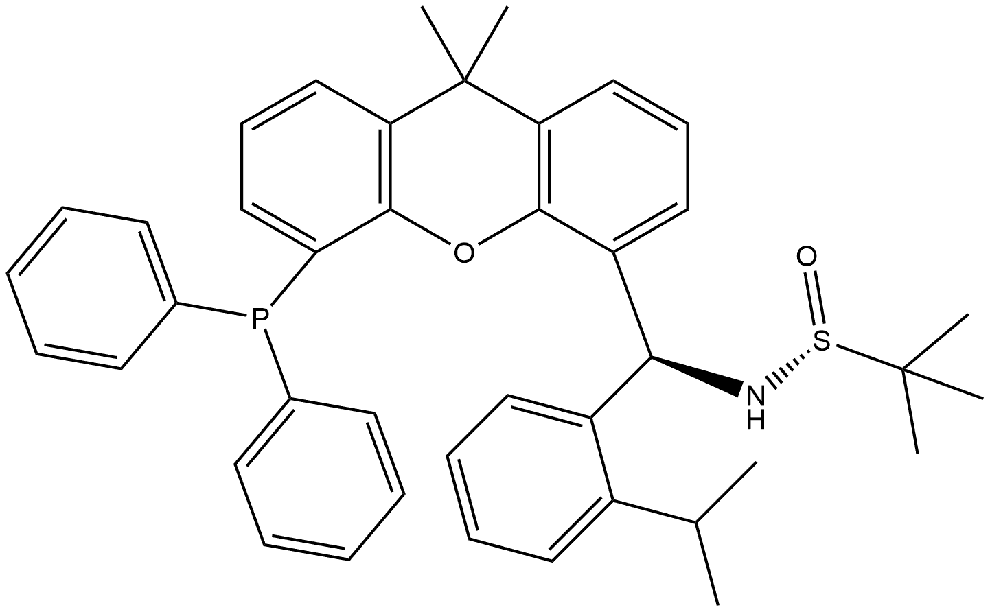 (S)-N-((S)-(二苯基膦)-9,9-二甲基-9H-黄原-4-基)(2-异丙基苯基)甲基)-2-甲基丙烷-2-硫酰胺 结构式