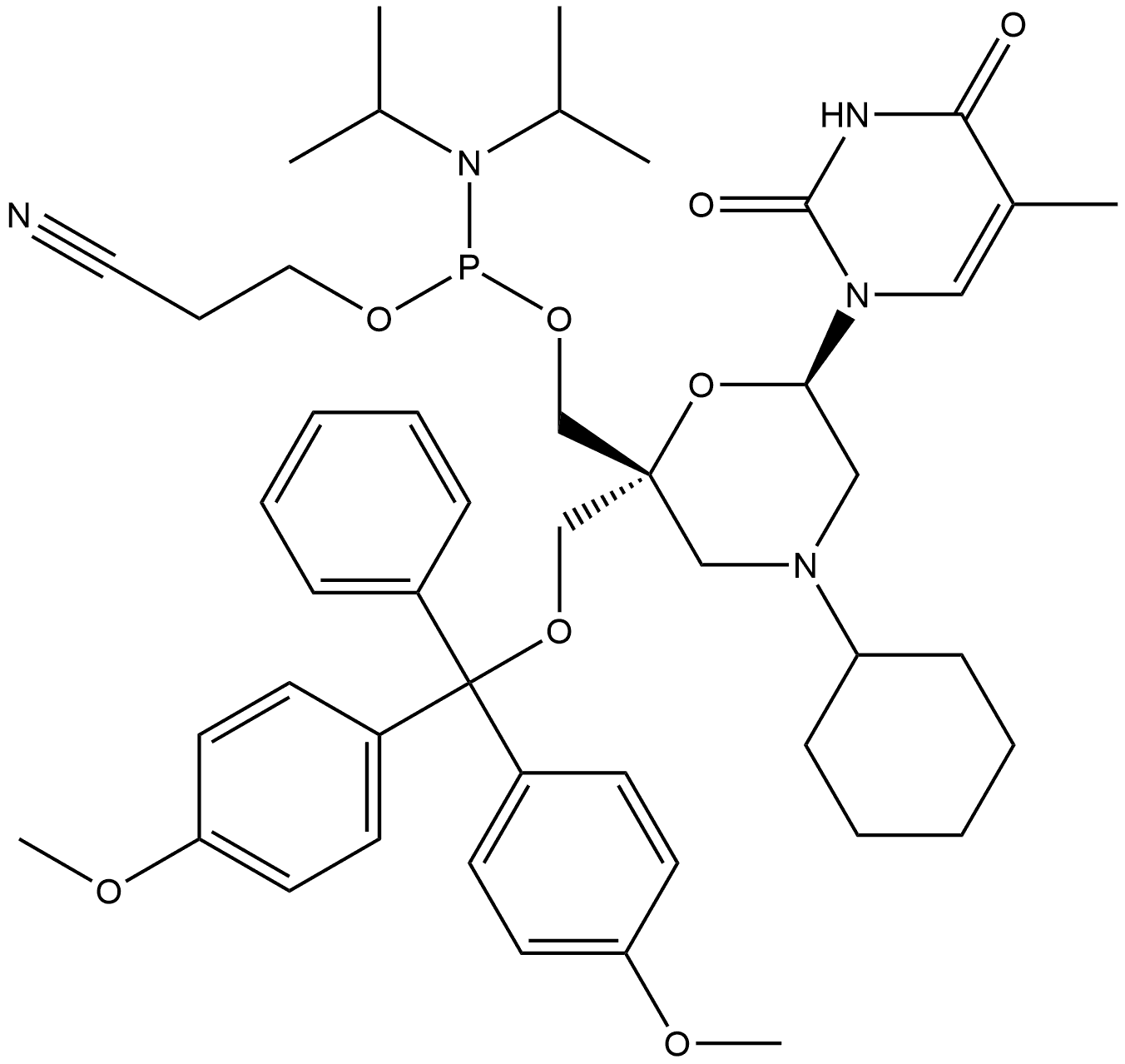 [(2R,6R)-2-[[Bis(4-methoxyphenyl)phenylmethoxy]methyl]-4-cyclohexyl-6-(3,4-dihydro-5-methyl-2,4-dioxo-1(2H)-pyrimidinyl)-2-morpholinyl]methyl 2-cyanoethyl N,N-bis(1-methylethyl)phosphoramidite 结构式