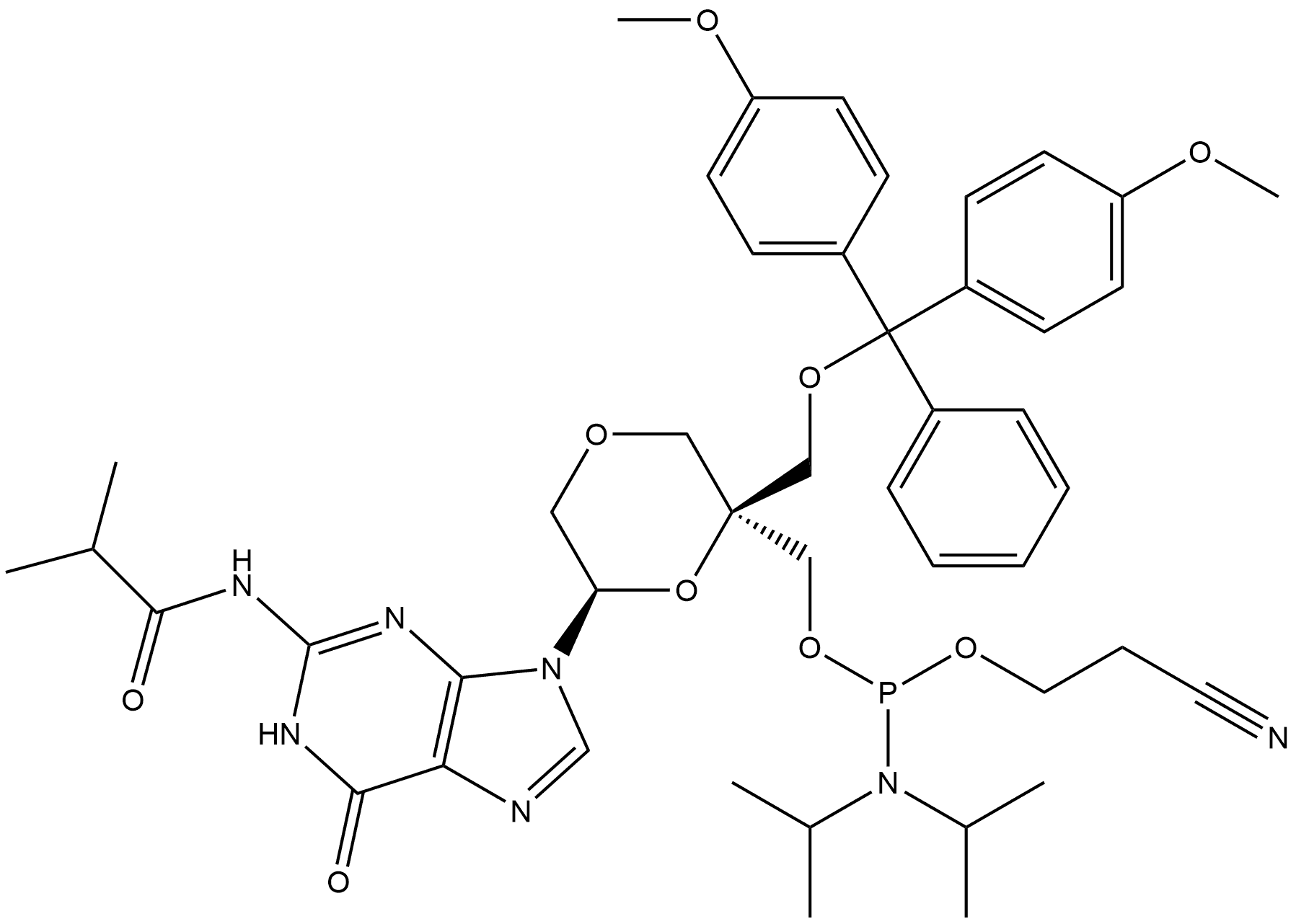 [(2S,6R)-2-[[Bis(4-methoxyphenyl)phenylmethoxy]methyl]-6-[1,6-dihydro-2-[(2-methyl-1-oxopropyl)amino]-6-oxo-9H-purin-9-yl]-1,4-dioxan-2-yl]methyl 2-cyanoethyl N,N-bis(1-methylethyl)phosphoramidite 结构式