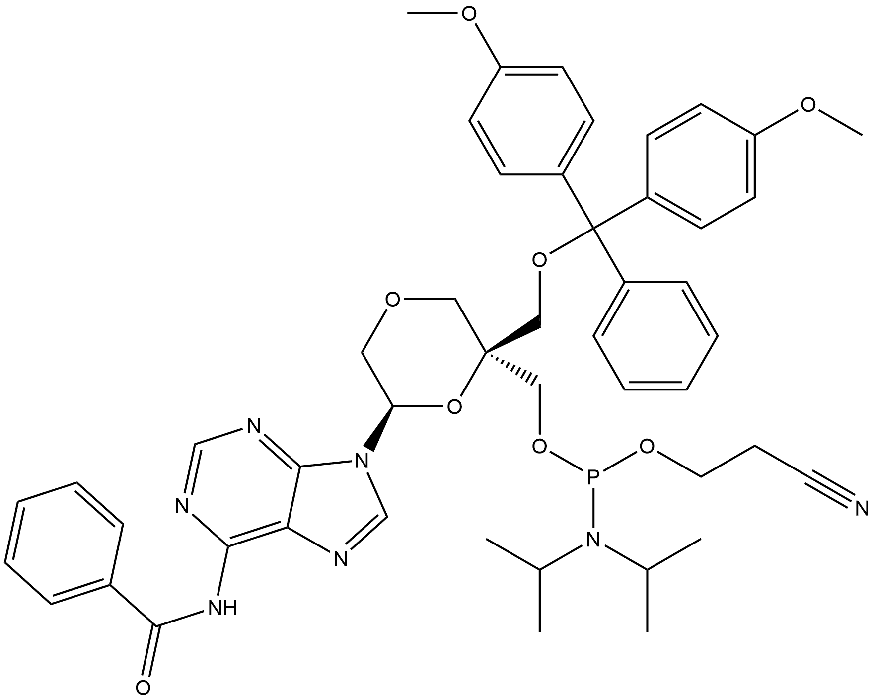 [(2S,6R)-6-[6-(Benzoylamino)-9H-purin-9-yl]-2-[[bis(4-methoxyphenyl)phenylmethoxy]methyl]-1,4-dioxan-2-yl]methyl 2-cyanoethyl N,N-bis(1-methylethyl)phosphoramidite 结构式