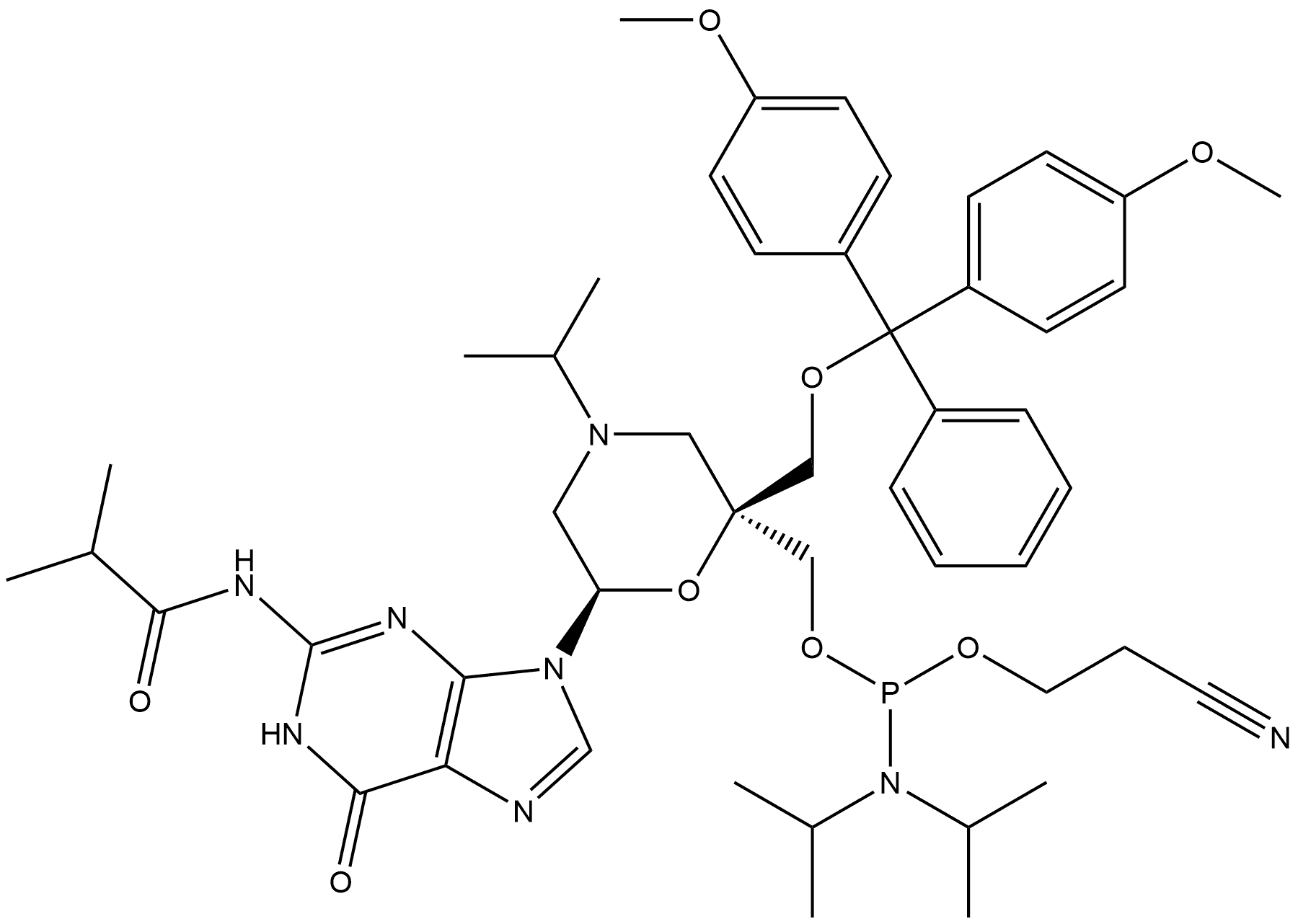 [(2S,6R)-2-[[Bis(4-methoxyphenyl)phenylmethoxy]methyl]-6-[1,6-dihydro-2-[(2-methyl-1-oxopropyl)amino]-6-oxo-9H-purin-9-yl]-4-(1-methylethyl)-2-morpholinyl]methyl 2-cyanoethyl N,N-bis(1-methylethyl)phosphoramidite 结构式