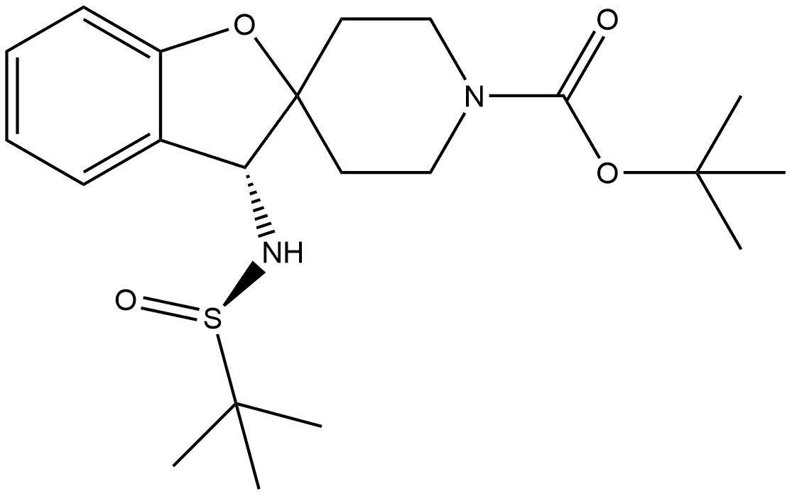 (R)-3-(((R)-叔丁基亚磺酰基)氨基)-3H-螺[苯并呋喃-2,4'-哌啶]-1'-甲酸叔丁酯 结构式