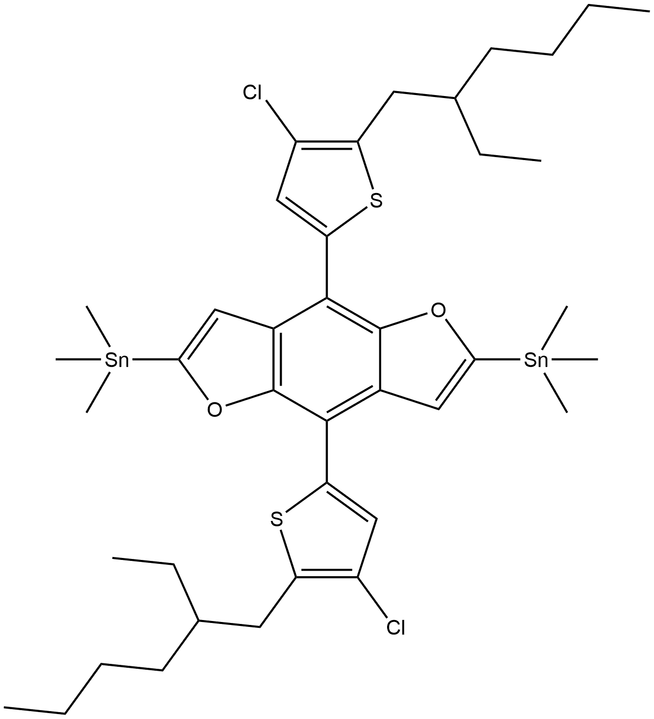 (4,8-双(4-氯-5-(2-乙基己基)噻吩-2-基)苯并[1,2-B:4,5-B']二呋喃-2,6-二基)双(三甲基锡烷) 结构式