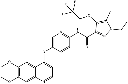 1H-Pyrazole-3-carboxamide, N-[5-[(6,7-dimethoxy-4-quinolinyl)oxy]-2-pyridinyl]-1-ethyl-5-methyl-4-(2,2,2-trifluoroethoxy)- 结构式
