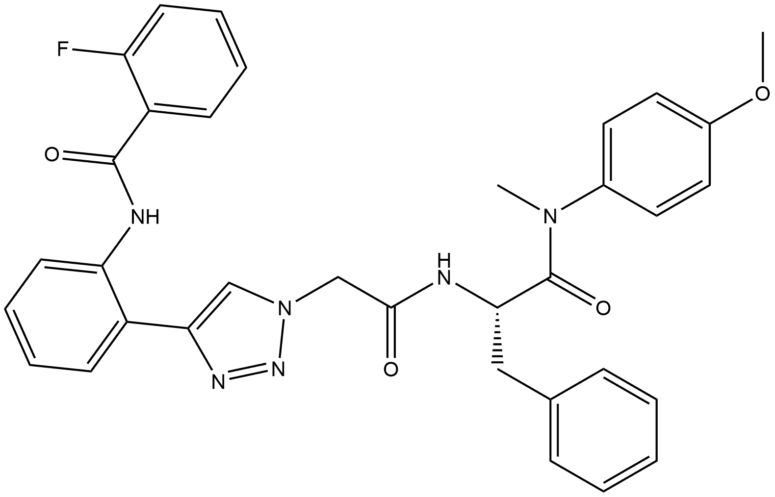 4-[2-[(2-Fluorobenzoyl)amino]phenyl]-N-[(1S)-2-[(4-methoxyphenyl)methylamino]-2-oxo-1-(phenylmethyl)ethyl]-1H-1,2,3-triazole-1-acetamide 结构式