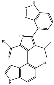 1H-Pyrrole-2-carboxylic acid, 3-(5-chloro-1H-indol-4-yl)-5-(1H-indol-4-yl)-4-(1-methylethyl)- 结构式