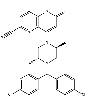 8-[(2S,5R)-4-[双(4-氯苯基)甲基]-2,5-二甲基-1-哌嗪基]-5-甲基-6-氧代-5,6-二氢-1,5-萘啶-2-甲腈 结构式