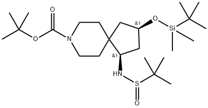 叔丁基(1R,3R)-3-((叔丁基二甲基甲硅烷基)氧基)-1-((叔丁亚磺酰基)氨基)-8-氮杂螺[4.5]癸-8-羧酸酯 结构式
