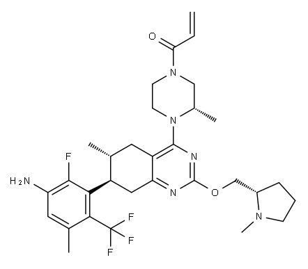 1-[(3S)-4-[(6R,7R)-7-[3-Amino-2-fluoro-5-methyl-6-(trifluoromethyl)phenyl]-5,6,7,8-tetrahydro-6-methyl-2-[[(2S)-1-methyl-2-pyrrolidinyl]methoxy]-4-quinazolinyl]-3-methyl-1-piperazinyl]-2-propen-1-one 结构式