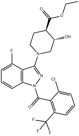 Ethyl (3S,4R)-1-[1-[2-chloro-6-(trifluoromethyl)benzoyl]-4-fluoro-1H-indazol-3-yl]-3-hydroxy-4-piperidinecarboxylate 结构式