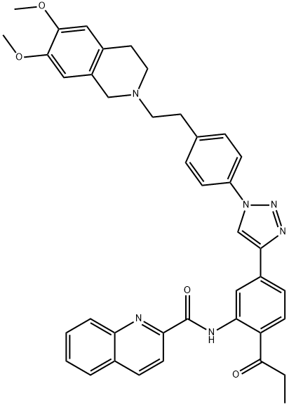 2-Quinolinecarboxamide, N-[5-[1-[4-[2-(3,4-dihydro-6,7-dimethoxy-2(1H)-isoquinolinyl)ethyl]phenyl]-1H-1,2,3-triazol-4-yl]-2-(1-oxopropyl)phenyl]- 结构式