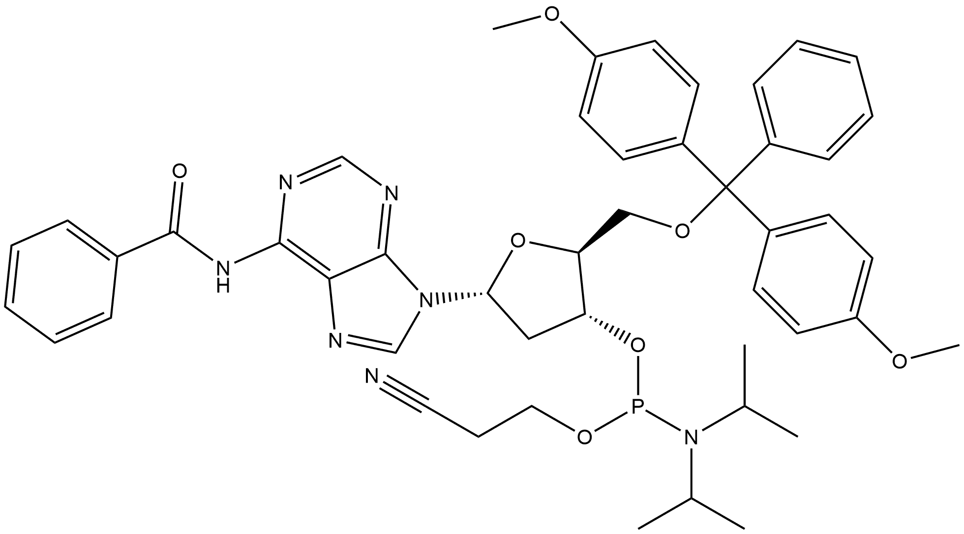 N-[9-[5-O-[Bis(4-methoxyphenyl)phenylmethyl]-3-O-[[bis(1-methylethyl)amino](2-cyanoethoxy)phosphino]-2-deoxy-α-L-erythro-pentofuranosyl]-9H-purin-6-yl]benzamide 结构式