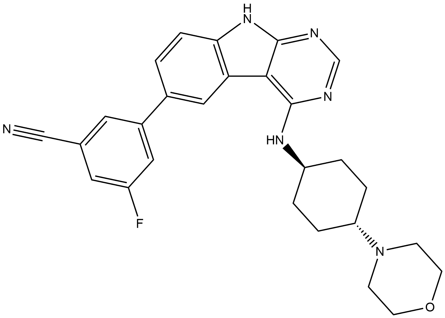 3-fluoro-5-(4-(((1r,4r)-4-morpholinocyclohexyl)amino)-9H-pyrimido[4,5-b]indol-6-yl)benzonitrile 结构式