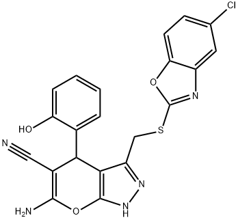 吡喃并[2,3-C]吡唑-5-碳腈,6-氨基-3-[(5-氯-2-苯并恶唑基)硫代]甲基]-1,4-二氢-4-(2-羟基苯基)- 结构式