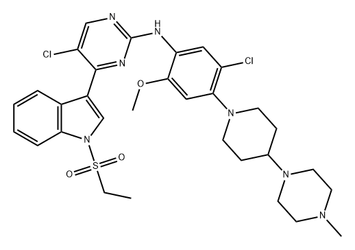 2-Pyrimidinamine, 5-chloro-N-[5-chloro-2-methoxy-4-[4-(4-methyl-1-piperazinyl)-1-piperidinyl]phenyl]-4-[1-(ethylsulfonyl)-1H-indol-3-yl]- 结构式