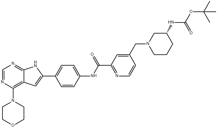Carbamic acid, N-[(3R)-1-[[2-[[[4-[4-(4-morpholinyl)-7H-pyrrolo[2,3-d]pyrimidin-6-yl]phenyl]amino]carbonyl]-4-pyridinyl]methyl]-3-piperidinyl]-, 1,1-dimethylethyl ester 结构式