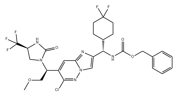 Carbamic acid, N-[(S)-[6-chloro-7-[(1S)-2-methoxy-1-[(4S)-2-oxo-4-(trifluoromethyl)-1-imidazolidinyl]ethyl]imidazo[1,2-b]pyridazin-2-yl](4,4-difluorocyclohexyl)methyl]-, phenylmethyl ester 结构式