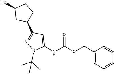 英文名称:CARBAMIC ACID, N-[1-(1,1-DIMETHYLETHYL)-3-[(1R,3S)-3-HYDROXYCYCLOPENTYL]-1H-PYRAZOL-5-YL]-, PHENYLMETHYL ESTER 结构式