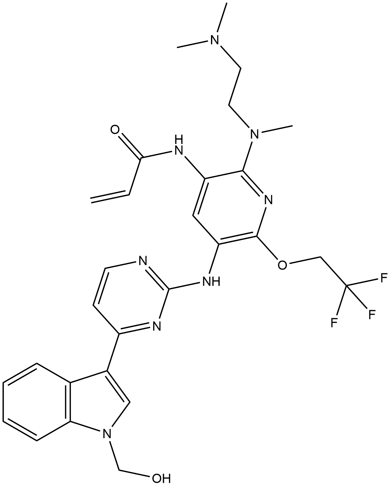 2-Propenamide, N-[2-[[2-(dimethylamino)ethyl]methylamino]-5-[[4-[1-(hydroxymethyl)-1H-indol-3-yl]-2-pyrimidinyl]amino]-6-(2,2,2-trifluoroethoxy)-3-pyridinyl]- 结构式