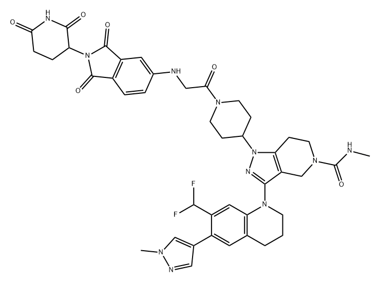 5H-Pyrazolo[4,3-c]pyridine-5-carboxamide, 3-[7-(difluoromethyl)-3,4-dihydro-6-(1-methyl-1H-pyrazol-4-yl)-1(2H)-quinolinyl]-1-[1-[2-[[2-(2,6-dioxo-3-piperidinyl)-2,3-dihydro-1,3-dioxo-1H-isoindol-5-yl]amino]acetyl]-4-piperidinyl]-1,4,6,7-tetrahydro-N-methyl- 结构式
