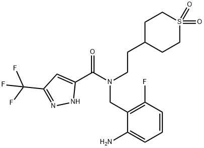 1H-Pyrazole-5-carboxamide, N-[(2-amino-6-fluorophenyl)methyl]-N-[2-(tetrahydro-1,1-dioxido-2H-thiopyran-4-yl)ethyl]-3-(trifluoromethyl)- 结构式