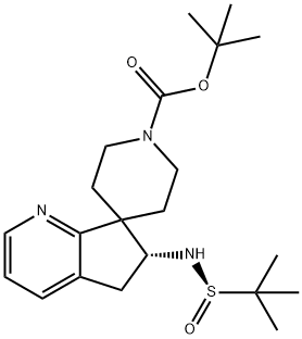 (R)-6-(((R)-叔丁基亚磺酰基)氨基)叔丁基-5,6-二氢螺[环戊[B]吡啶-7,4'-哌啶]-1'-羧酸盐 结构式