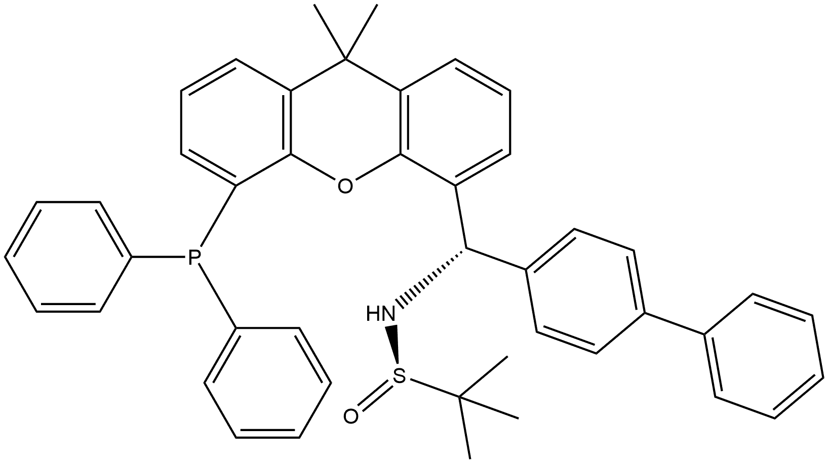 (S)-N-((S)-[1,1'-联苯]-4-基(5-(二苯基膦基)-9,9-二甲基-9H-黄原-4-基)甲基)-2-甲基丙烷-2-硫酰胺 结构式