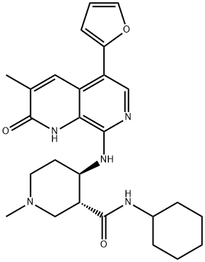 3-Piperidinecarboxamide, N-cyclohexyl-4-[[5-(2-furanyl)-1,2-dihydro-3-methyl-2-oxo-1,7-naphthyridin-8-yl]amino]-1-methyl-, (3R,4R)- 结构式