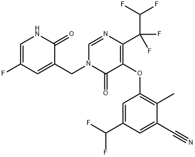 5-(Difluoromethyl)-3-[[1-[(5-fluoro-1,2-dihydro-2-oxo-3-pyridinyl)methyl]-1,6-dihydro-6-oxo-4-(1,1,2,2-tetrafluoroethyl)-5-pyrimidinyl]oxy]-2-methylbenzonitrile 结构式