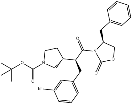 叔丁基(R)-3-((S)-1-((S)-4-苄基-2-氧代恶唑烷-3-基)-3-(3-溴苯基)-1-氧代丙烷-2-基) 1-吡咯烷甲酸酯 结构式