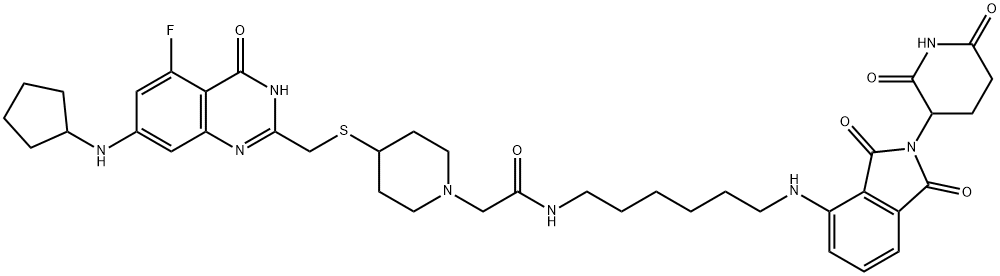 1-Piperidineacetamide, 4-[[[7-(cyclopentylamino)-5-fluoro-3,4-dihydro-4-oxo-2-quinazolinyl]methyl]thio]-N-[6-[[2-(2,6-dioxo-3-piperidinyl)-2,3-dihydro-1,3-dioxo-1H-isoindol-4-yl]amino]hexyl]- 结构式