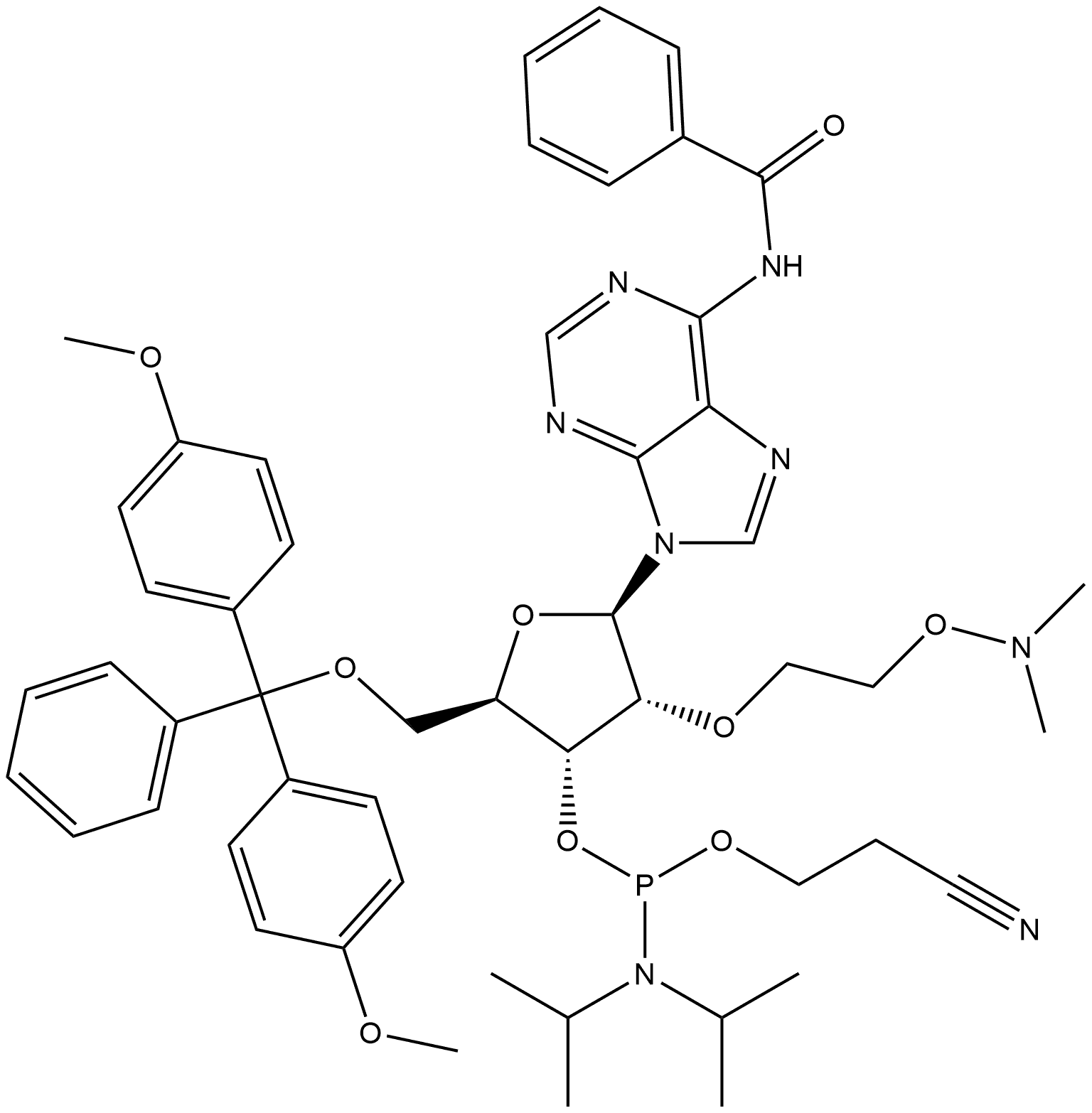 Adenosine, N-benzoyl-5'-O-[bis(4-methoxyphenyl)phenylmethyl]-2'-O-[2-[(dimethylamino)oxy]ethyl]-, 3'-[2-cyanoethyl bis(1-methylethyl)phosphoramidite] (9CI) 结构式