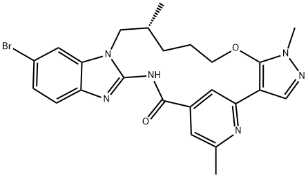 1H,10H-4,8-Metheno-17H-pyrazolo[3',4':2,3][1,5,10,12]oxatriazacycloheptadecino[12,11-a]benzimidazol-9-one, 14-bromo-18,19,20,21-tetrahydro-1,6,18-trimethyl-, (18R)- 结构式