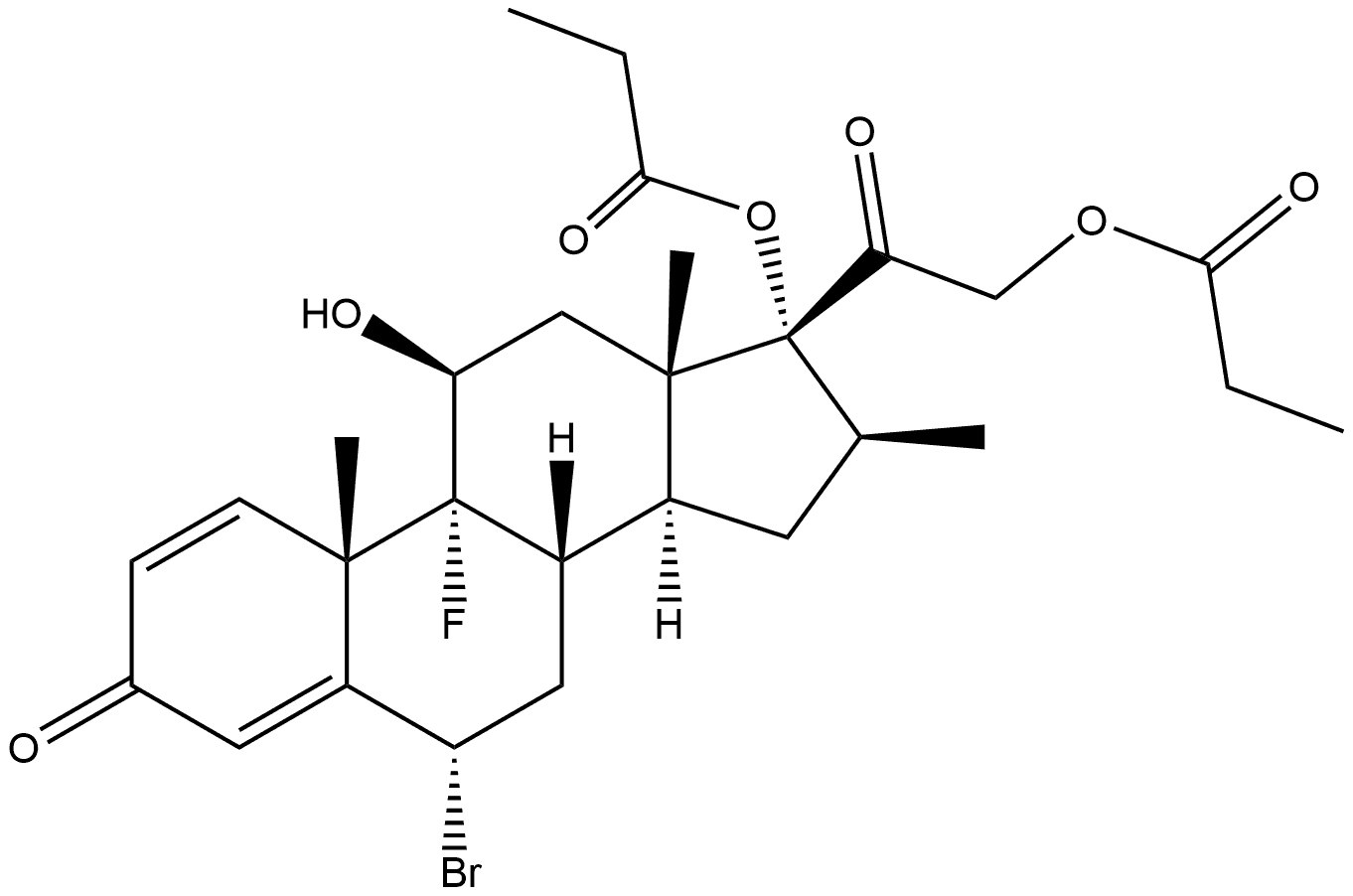 Pregna-1,4-diene-3,20-dione, 6-bromo-9-fluoro-11-hydroxy-16-methyl-17,21-bis(1-oxopropoxy)-, (6α,11β,16β)- 结构式