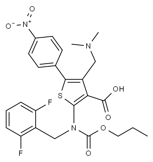 2-((2,6-二氟苄基)(乙丙氧基羰基)氨基)-4- ((二甲基氨基)甲基)-5-(4-硝基苯基)噻吩-3-羧酸" 结构式