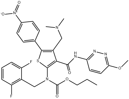 (2,6-二氟苄基)(4-((二甲基氨基)甲基)-3-((6-甲氧基哒嗪-3-基)氨基甲酰基)-5-(4-硝基苯基)噻吩-2-基)氨基甲酸丙酯(中间体二) 结构式