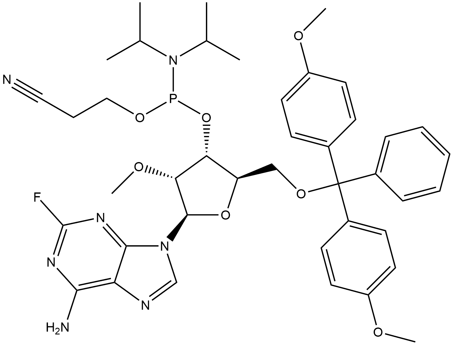 (2R,3R,4R,5R)-5-(6-氨基-2-氟-9H-嘌呤-9-基)-2-((双(4-甲氧基苯基)(苯基)甲氧基)甲基)-4-甲氧基四氢呋喃-3-基(2-氰乙基)二异丙基亚磷酰胺 结构式