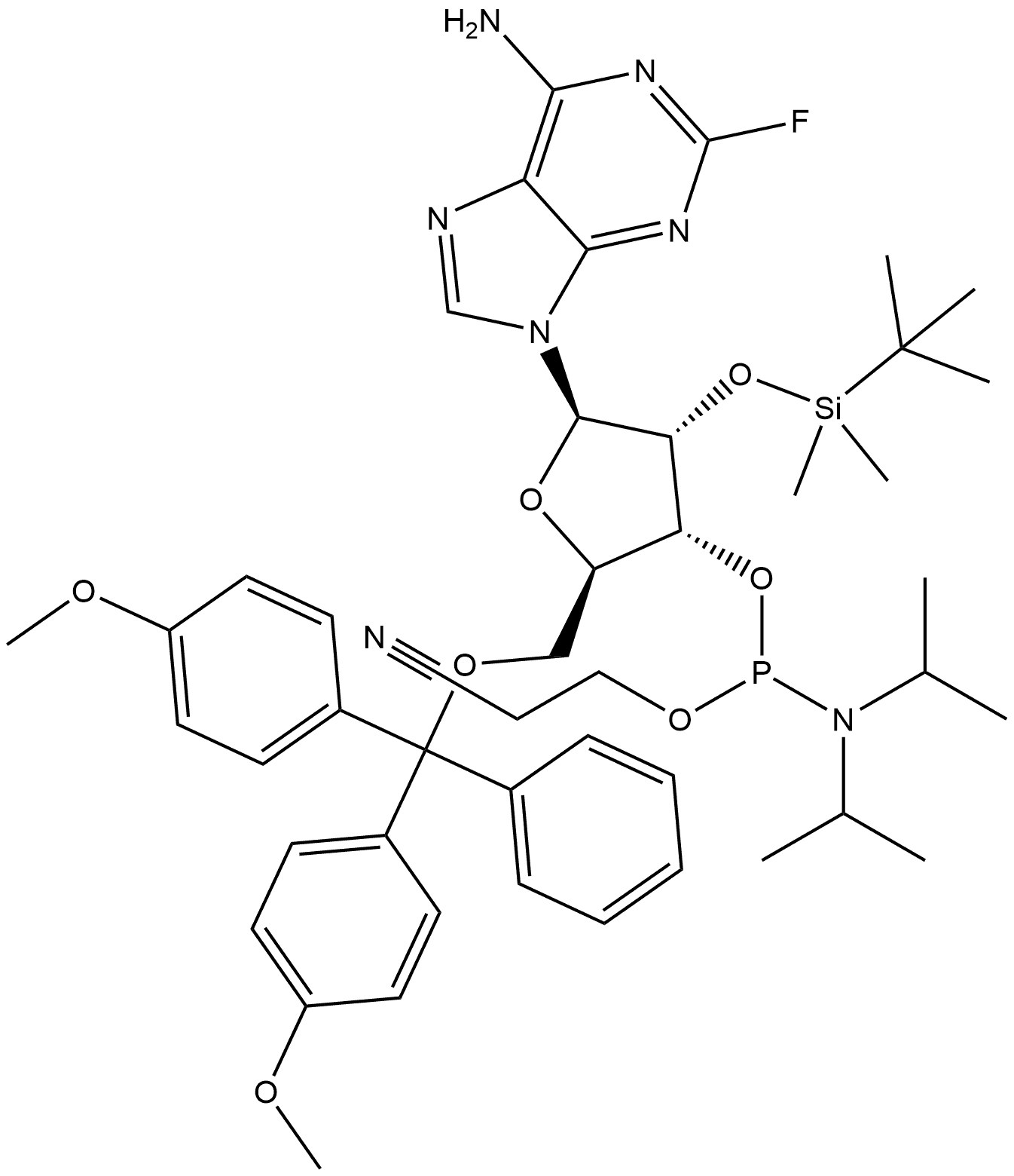 (2R,3R,4R,5R)-5-(6-氨基-2-氟-9H-嘌呤-9-基)-2-((双(4-甲氧基苯基)(苯基)甲氧基)甲基)-4-((叔丁基二甲基甲硅烷基)氧基)四氢呋喃-3-基(2-氰乙基)二异丙基亚磷酰胺 结构式