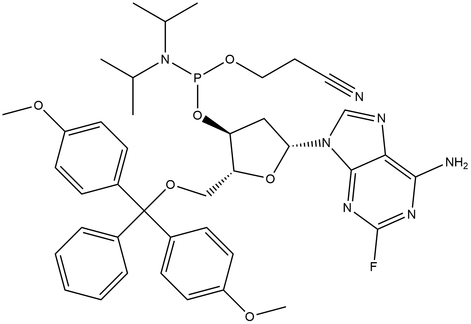 (2R,3S,5R)-5-(6-氨基-2-氟-9H-嘌呤-9-基)-2-((双(4-甲氧基苯基)(苯基)甲氧基)甲基)四氢呋喃-3-基(2-氰乙基)二异丙基亚磷酰胺 结构式