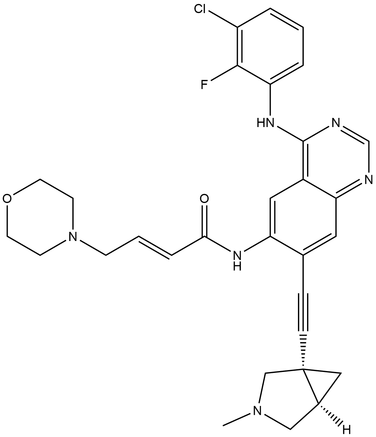 (2E)-N-[4-[(3-Chloro-2-fluorophenyl)amino]-7-[2-[(1S,5R)-3-methyl-3-azabicyclo[3.1.0]hex-1-yl]ethynyl]-6-quinazolinyl]-4-(4-morpholinyl)-2-butenamide 结构式