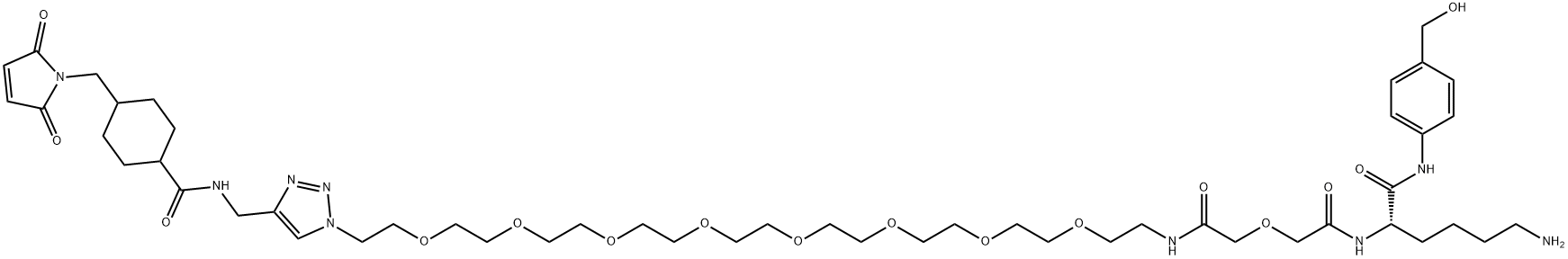 6,12,15,18,21,24,27,30,33-Nonaoxa-3,9-diazapentatriacontanamide, 2-(4-aminobutyl)-35-[4-[[[[4-[(2,5-dihydro-2,5-dioxo-1H-pyrrol-1-yl)methyl]cyclohexyl]carbonyl]amino]methyl]-1H-1,2,3-triazol-1-yl]-N-[4-(hydroxymethyl)phenyl]-4,8-dioxo-, (2S)- 结构式