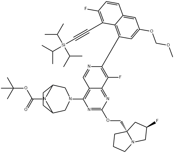 3,8-Diazabicyclo[3.2.1]octane-8-carboxylic acid, 3-[8-fluoro-7-[7-fluoro-3-(methoxymethoxy)-8-[2-[tris(1-methylethyl)silyl]ethynyl]-1-naphthalenyl]-2-[[(2R,7aS)-2-fluorotetrahydro-1H-pyrrolizin-7a(5H)-yl]methoxy]pyrido[4,3-d]pyrimidin-4-yl]-, 1,1-dimethylethyl ester 结构式