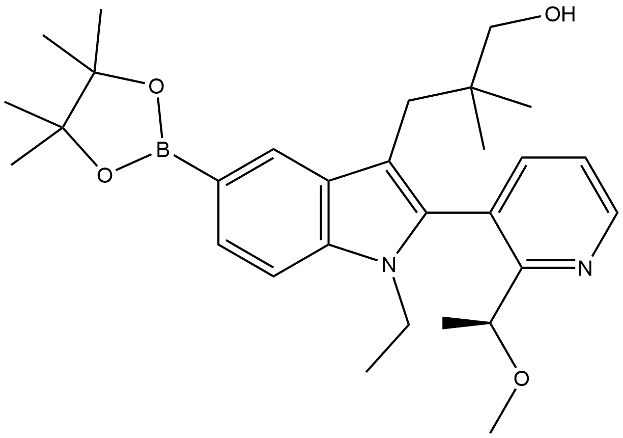 (S)-3-(1-乙基-2-(2-(1-甲氧基乙基)吡啶-3-基)-5-(4,4,5,5-四甲基-1,3,2-二氧硼杂硼烷-2) -基)-1H-吲哚-3-基)-2,2-二甲基丙-1-醇 结构式