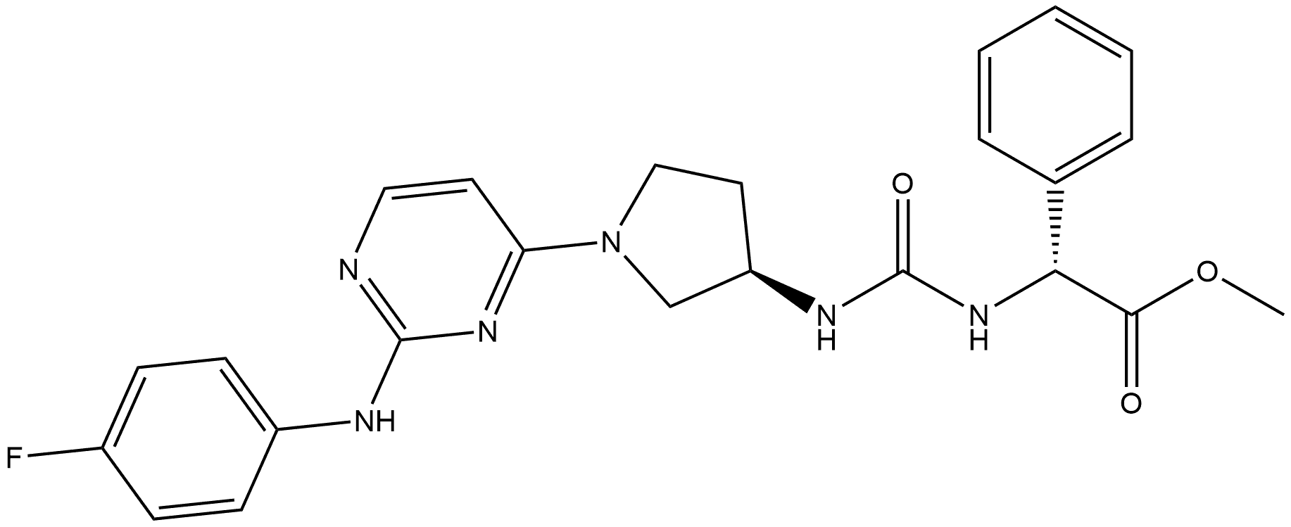 methyl (2R)-2-({[(3R)-1-{2-[(4-fluorophenyl)amino]pyrimidin-4-yl}pyrrolidin-3-yl]carbamoyl}amino)-2-phenylacetate 结构式